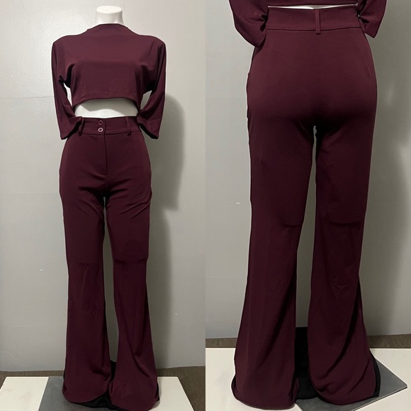 Adorable NWT boutique deep red High-waist, wide-leg 2-piece pant set! Size XS. - Picture 11 of 14